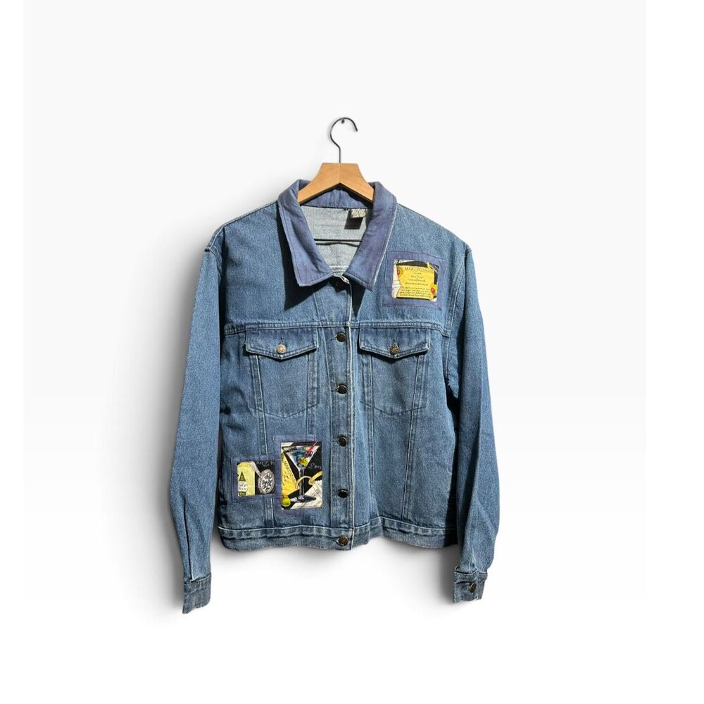 Vintage Denim Trucker Jacket Women’s XL Martini Bartender Quirky Oktoberfest